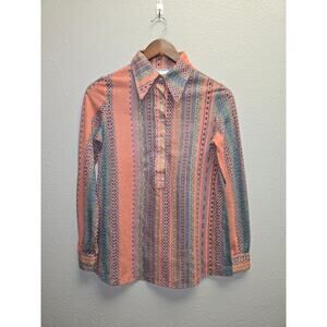 Vintage 1/2 Button Up Shirt Peach Collared Womens Lady Madonna Long Sleeve